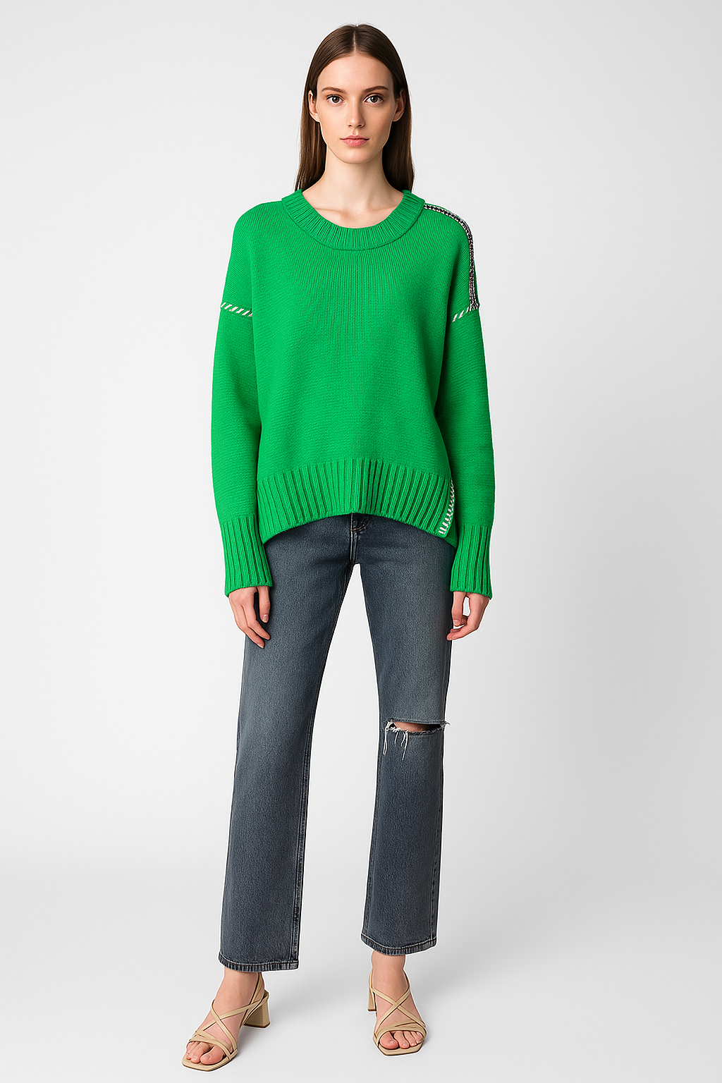 Green Oversized Cashmere Sweater – Stitched Details, Crew Neck