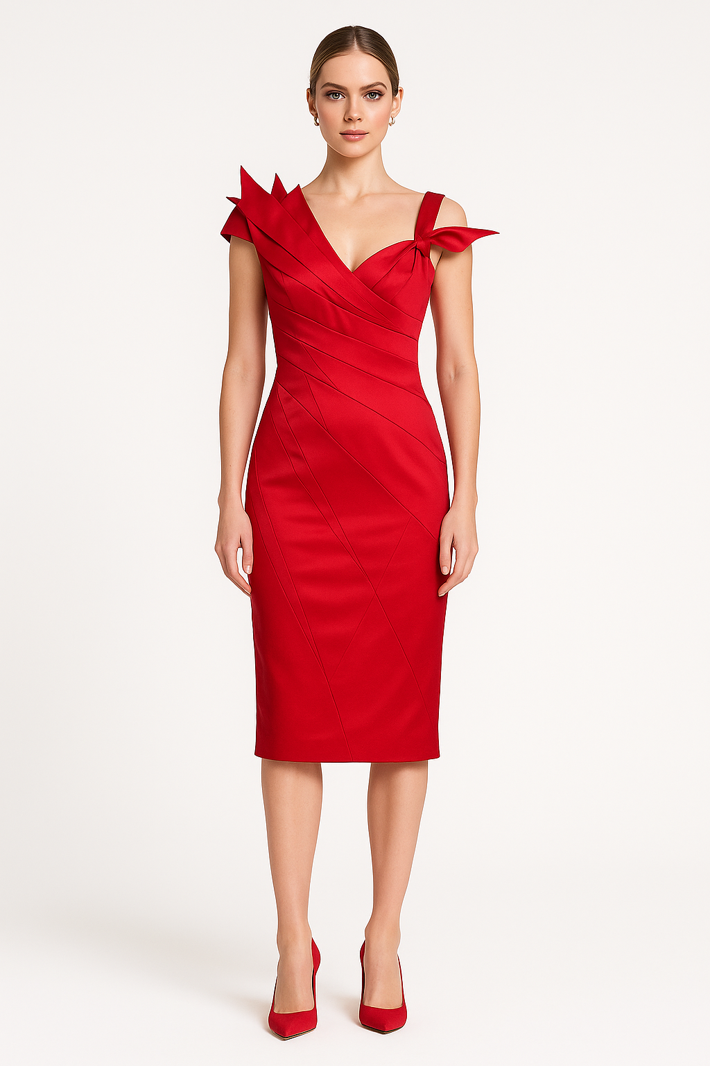 Liz Red Satin Folded Cocktail Midi Dress – Celebrity Designz
