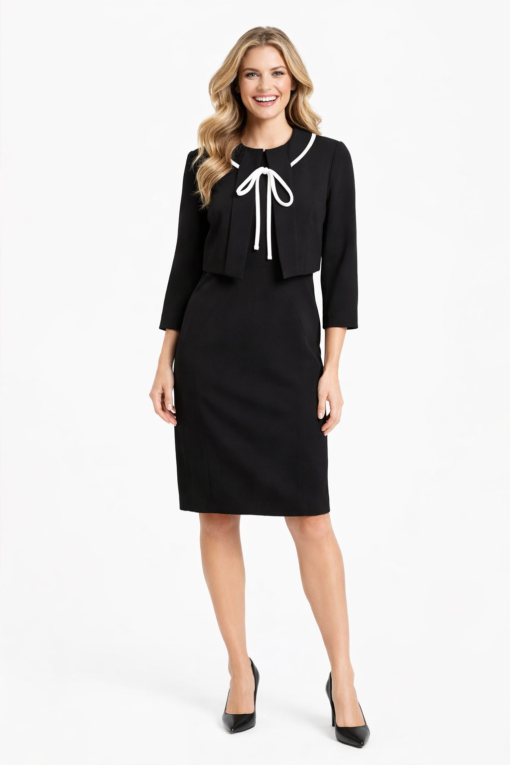 Amal Clooney Cocktail Jacket & Sleeveless Black Sheath Dress Set – Celebrity Designz