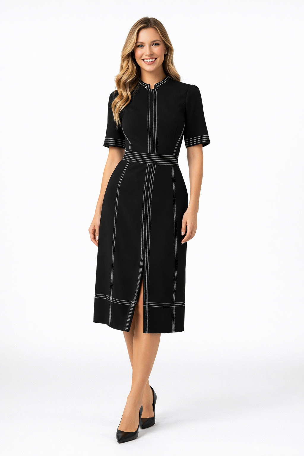 Mandarin Collar Fitted Vintage Midi Tea Dress in Black  Celebrity Designz