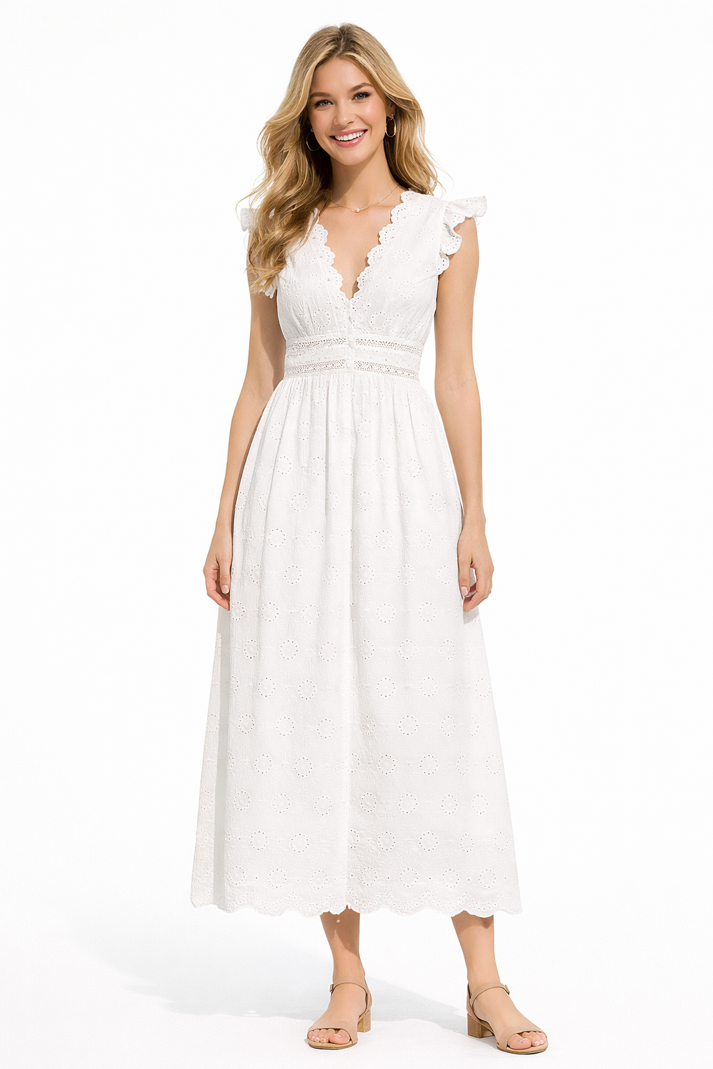 Ruffle Trim Eyelet Embroidered Cotton Dress in White Celebrity Designz Ruffle Trim Eyelet Embroidered Cotton Dress in White Celebrity Designz