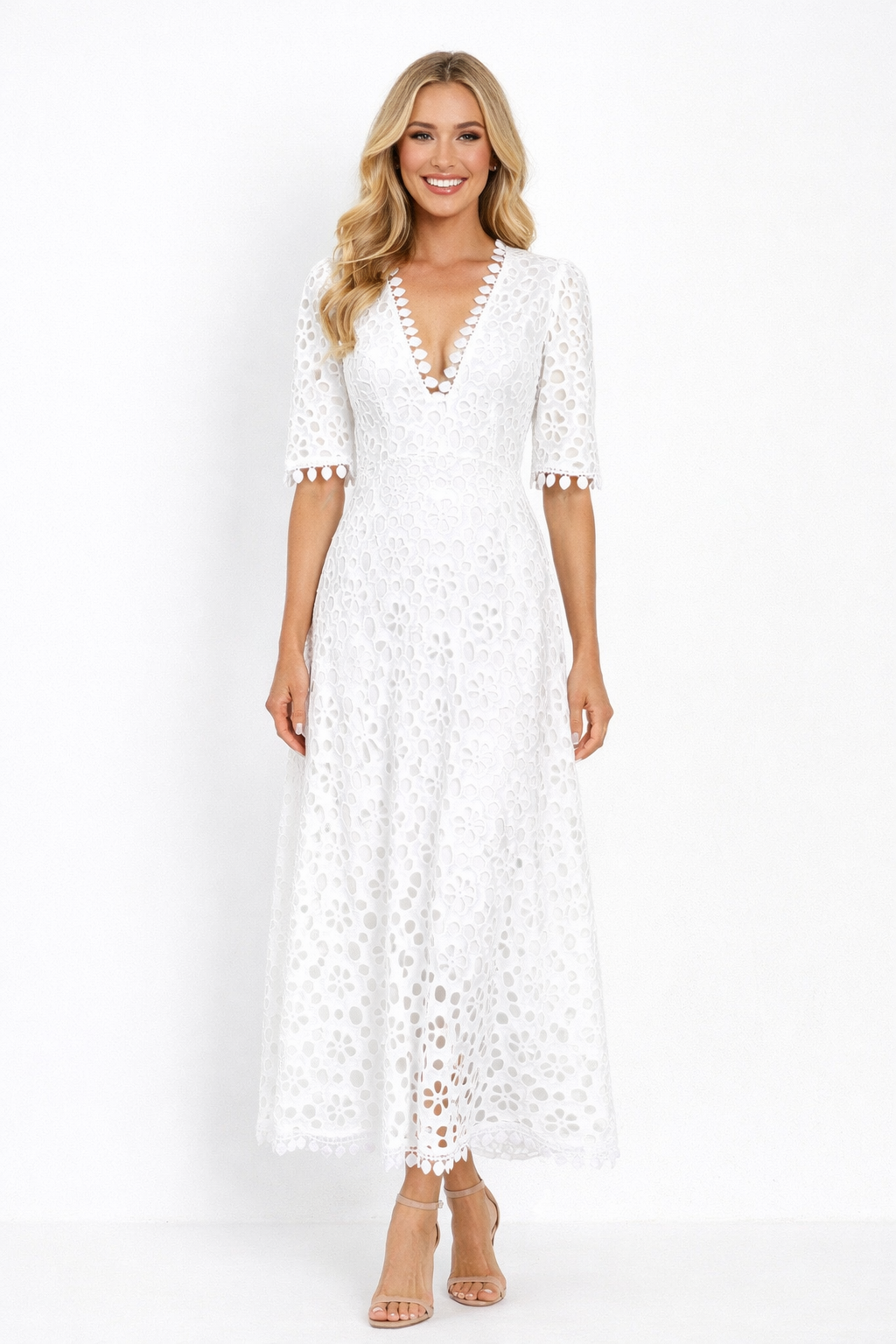 Floral Crochet Lace Eyelet Empire Waist Maxi Dress in White Celebrity Designz Floral Crochet Lace Eyelet Empire Waist Maxi Dress in White Celebrity Designz