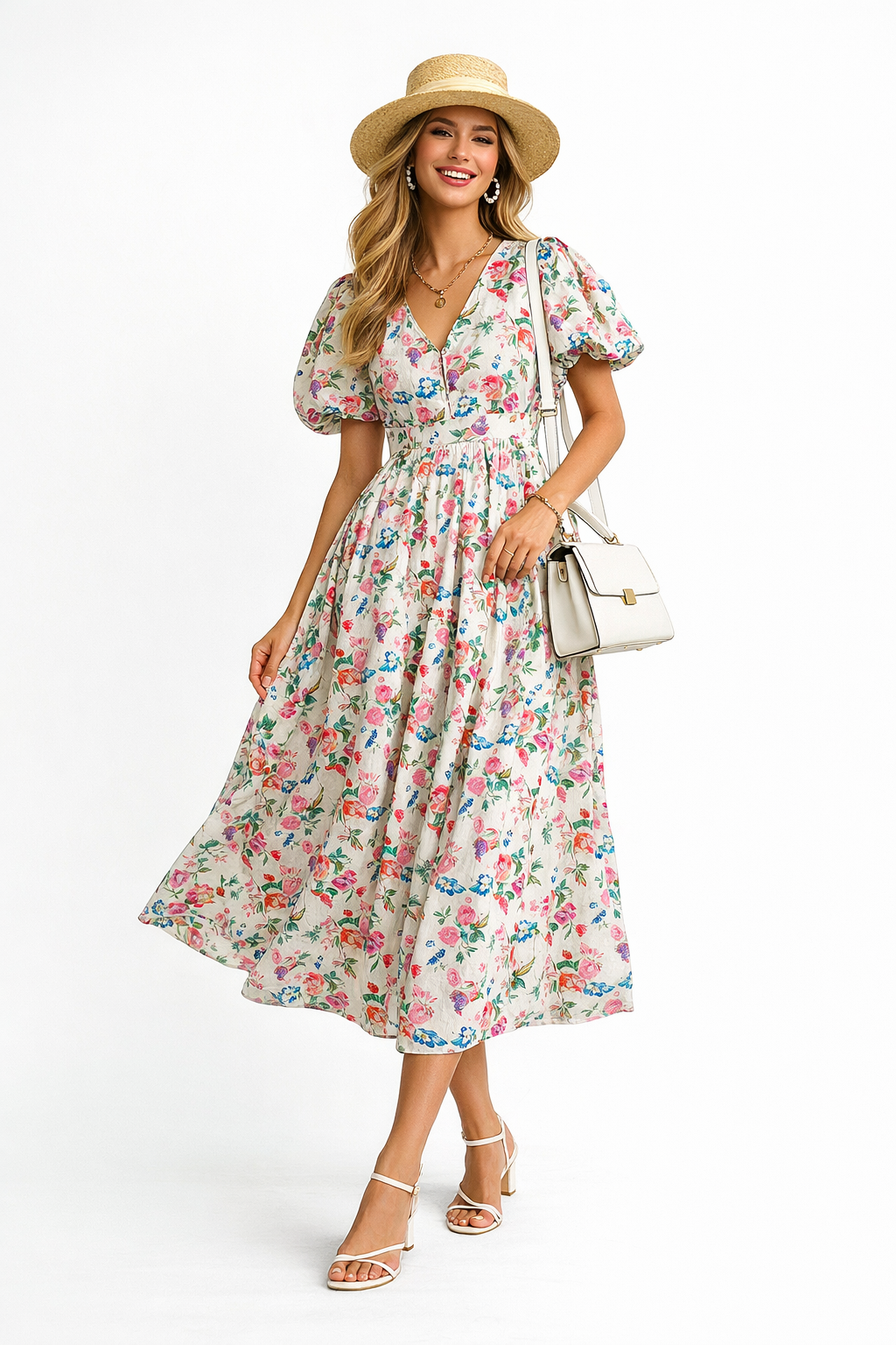 Puffy Short Sleeve Floral Print Cotton Fit-and-Flare Midi Dress – Celebrity  Designz