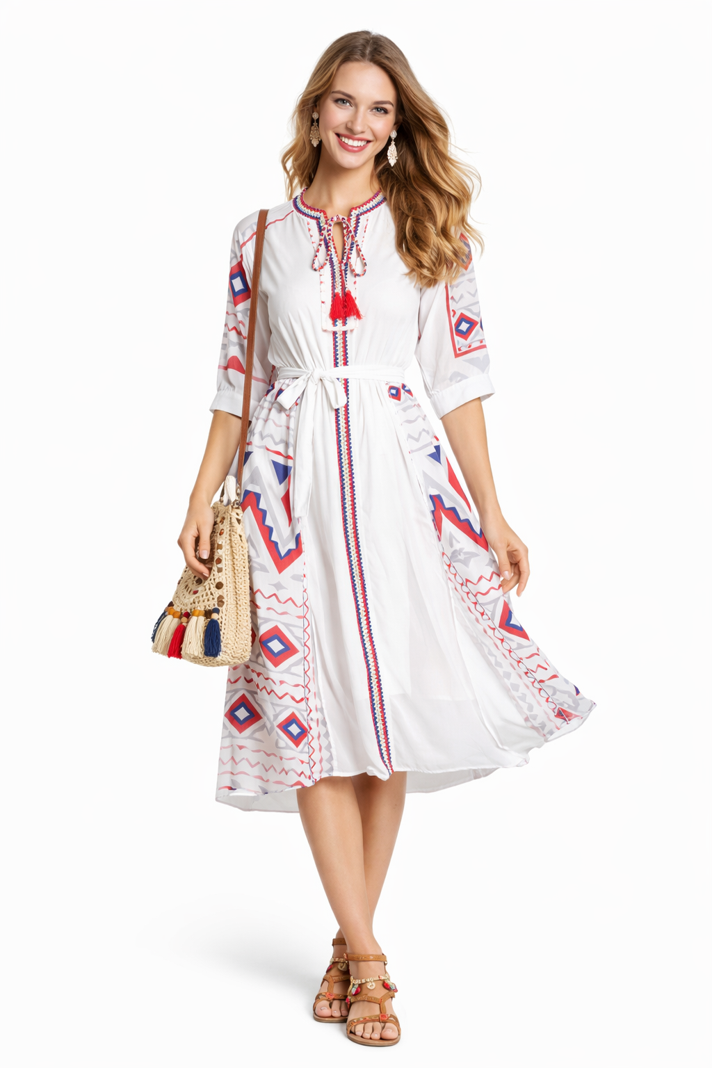 Mexican Embroidered Peasant Chiffon Midi Dress in White Celebrity Designz Mexican Embroidered Peasant Chiffon Midi Dress in White Celebrity Designz