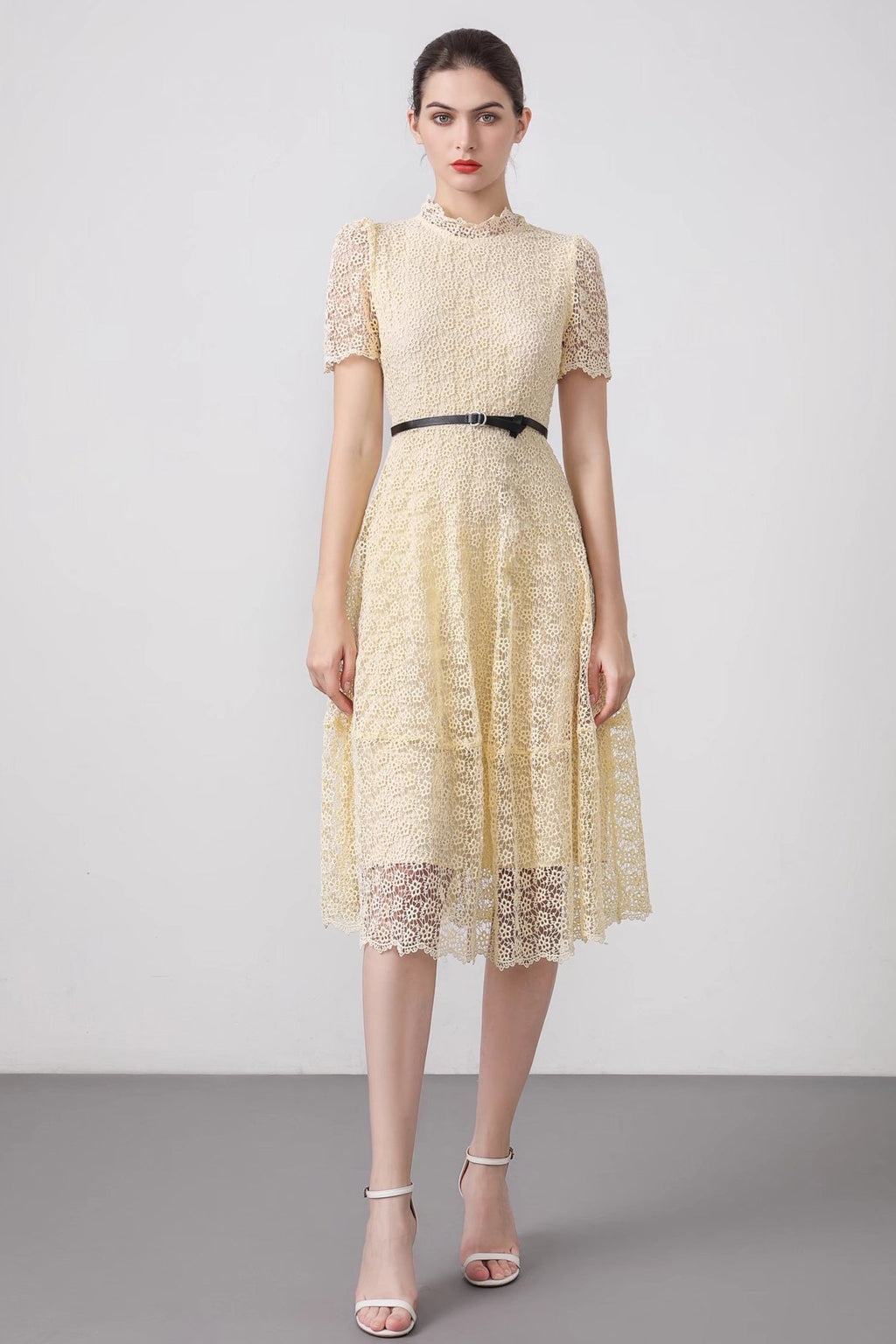 High-neck Puffy Lace-trimmed Midi Dress in Cream – Celebrity Designz