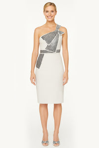 Kerry Sequin Bow One Shoulder Cocktail Dress in Beige