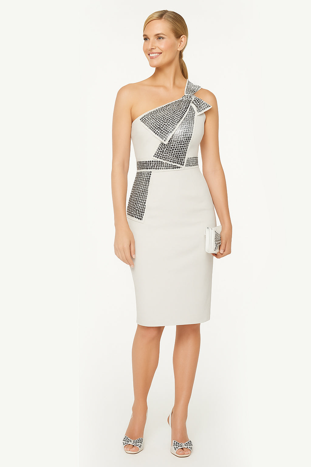 Kerry Sequin Bow One Shoulder Cocktail Dress in Beige
