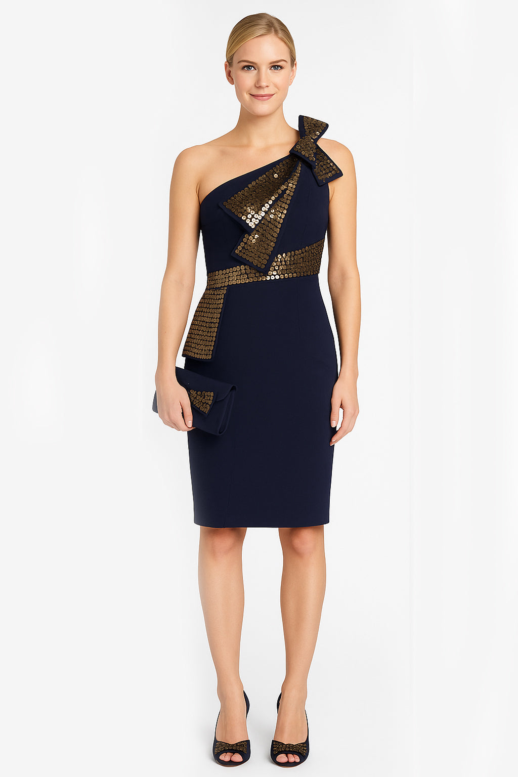 Sequin Bow One Shoulder Cocktail Dress in Navy