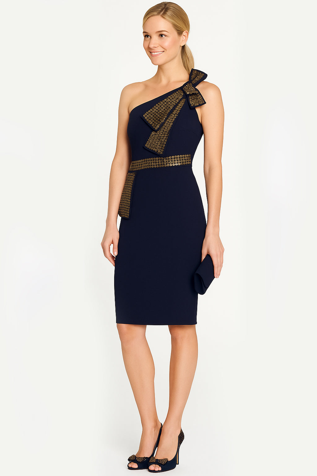 Sequin Bow One Shoulder Cocktail Dress in Navy