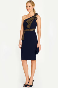 Sequin Bow One Shoulder Cocktail Dress in Navy