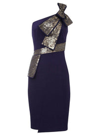 Sequin Bow One Shoulder Cocktail Dress in Navy