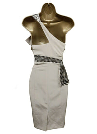 Kerry Sequin Bow One Shoulder Cocktail Dress in Beige