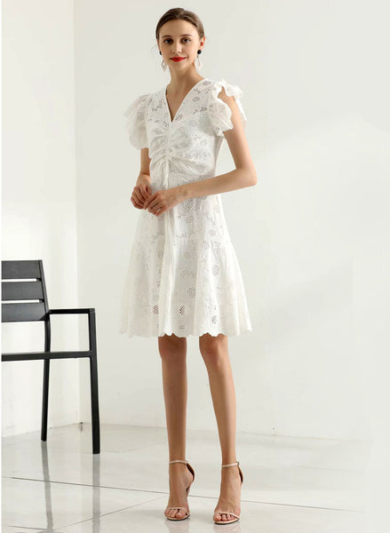 Ruffle Sleeve Embroidery Fit-and-Flare Dress in White