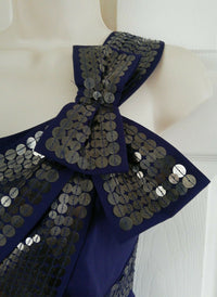 Sequin Bow One Shoulder Cocktail Dress in Navy