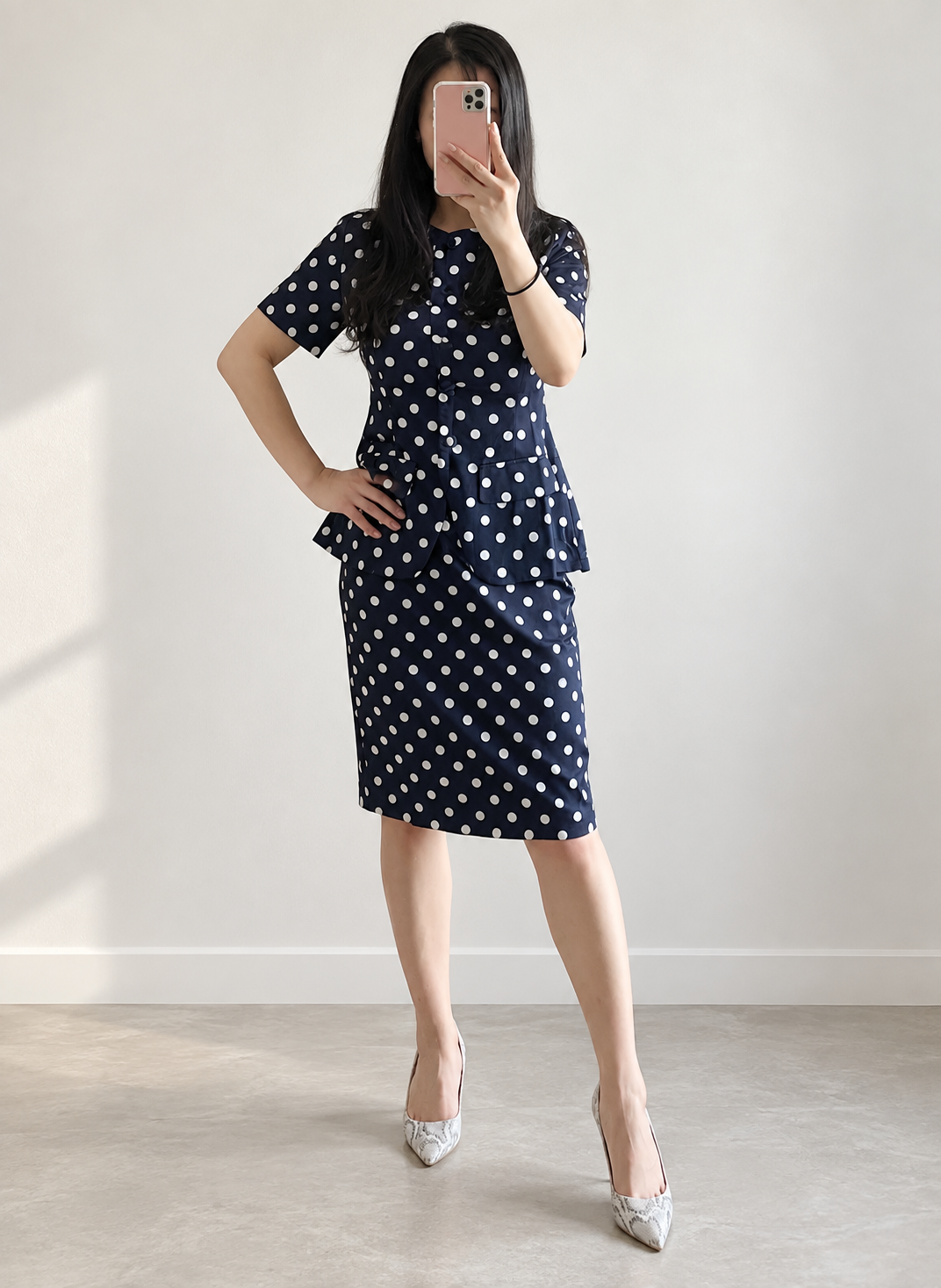Amal Clooney Inspired Navy Polka Dot Peplum Jacket & Pencil Skirt Set