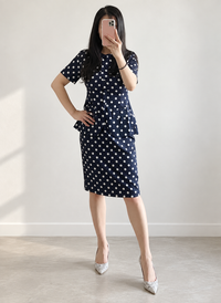 Amal Clooney Inspired Navy Polka Dot Peplum Jacket & Pencil Skirt Set