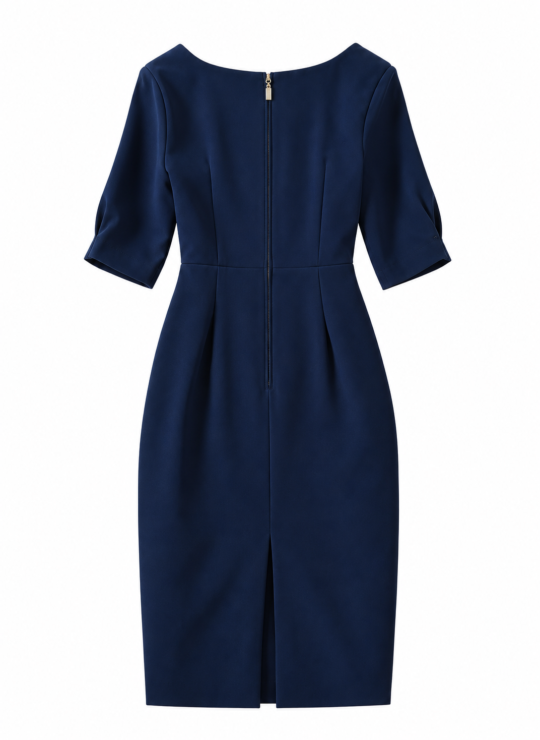 Angelina Jolie Elbow-Sleeve Split-Neck Sheath Dress in Navy