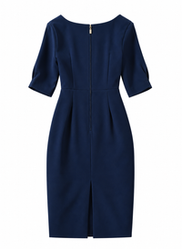 Angelina Jolie Elbow-Sleeve Split-Neck Sheath Dress in Navy