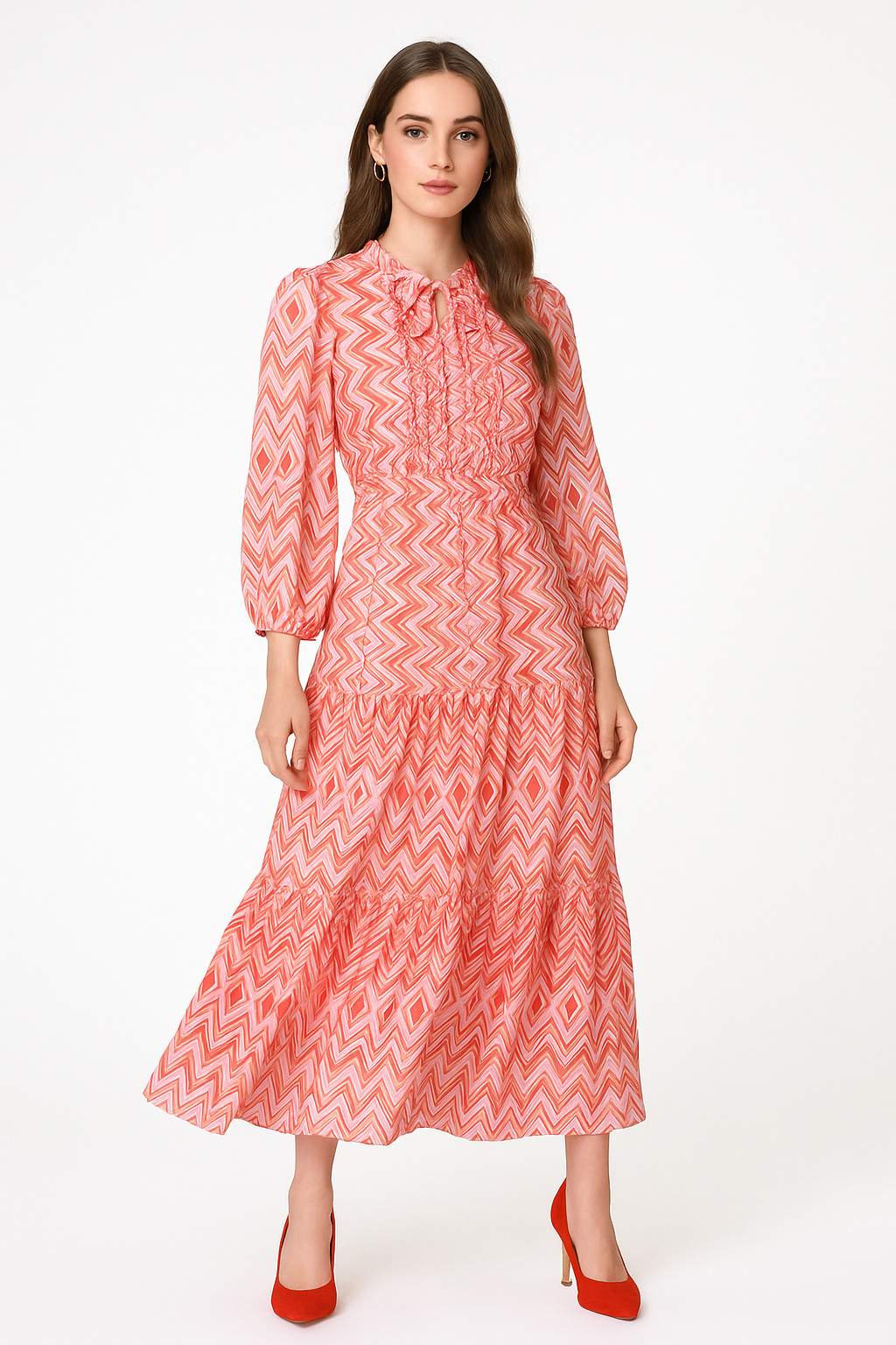 Paris Hilton Geo Printed Elbow Sleeve Fit-and-Flare Tiered Dress