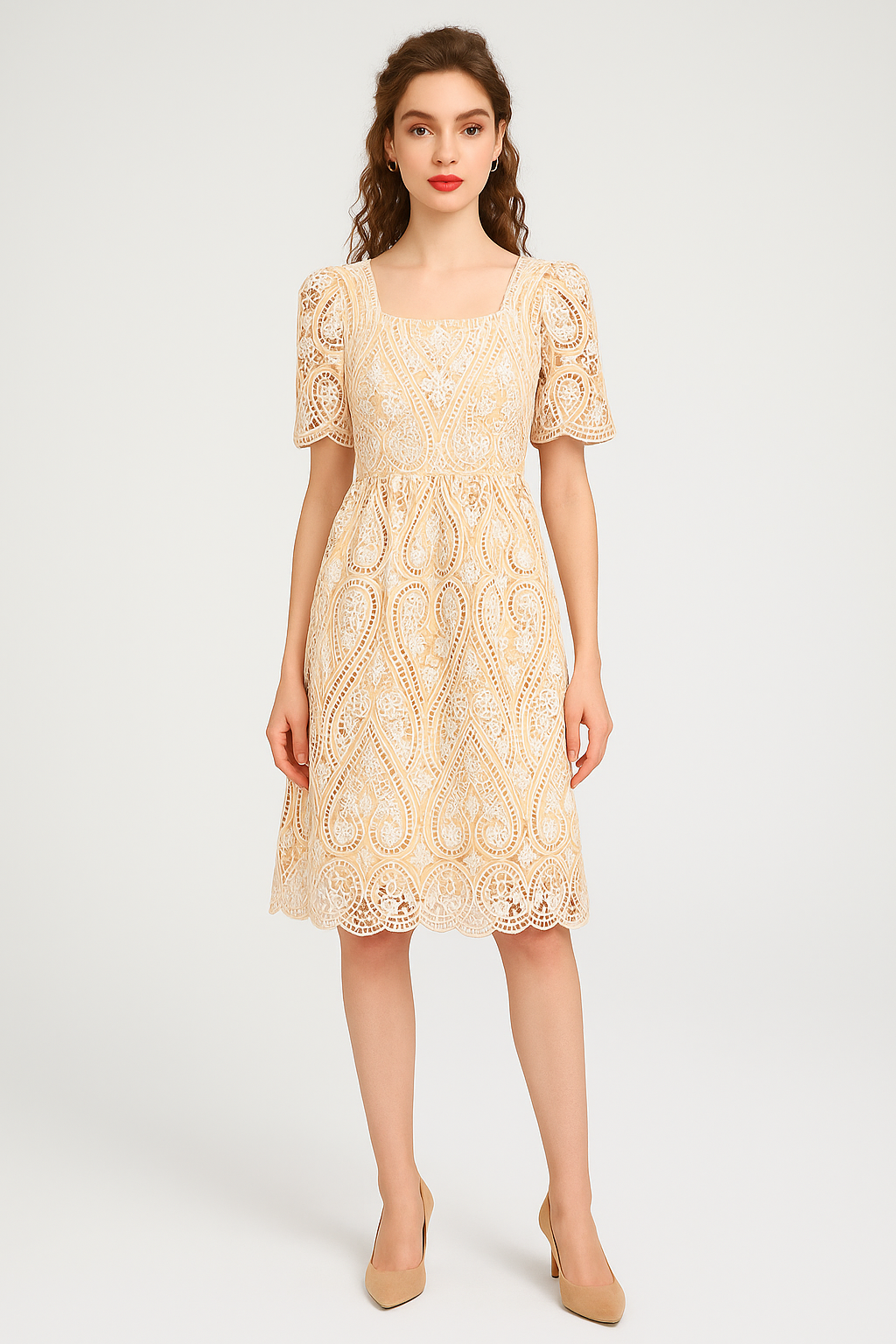 Square Neck Puffy Sleeve Eyelet Flared Midi Dress in Beige