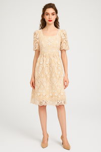 Square Neck Puffy Sleeve Eyelet Flared Midi Dress in Beige