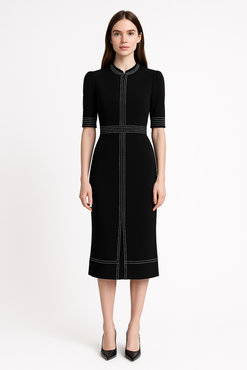 Mandarin Collar Fitted Vintage Midi Tea Dress in Black