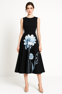Sleeveless Floral Empire Waist Fit-and-Flare Midi Dress