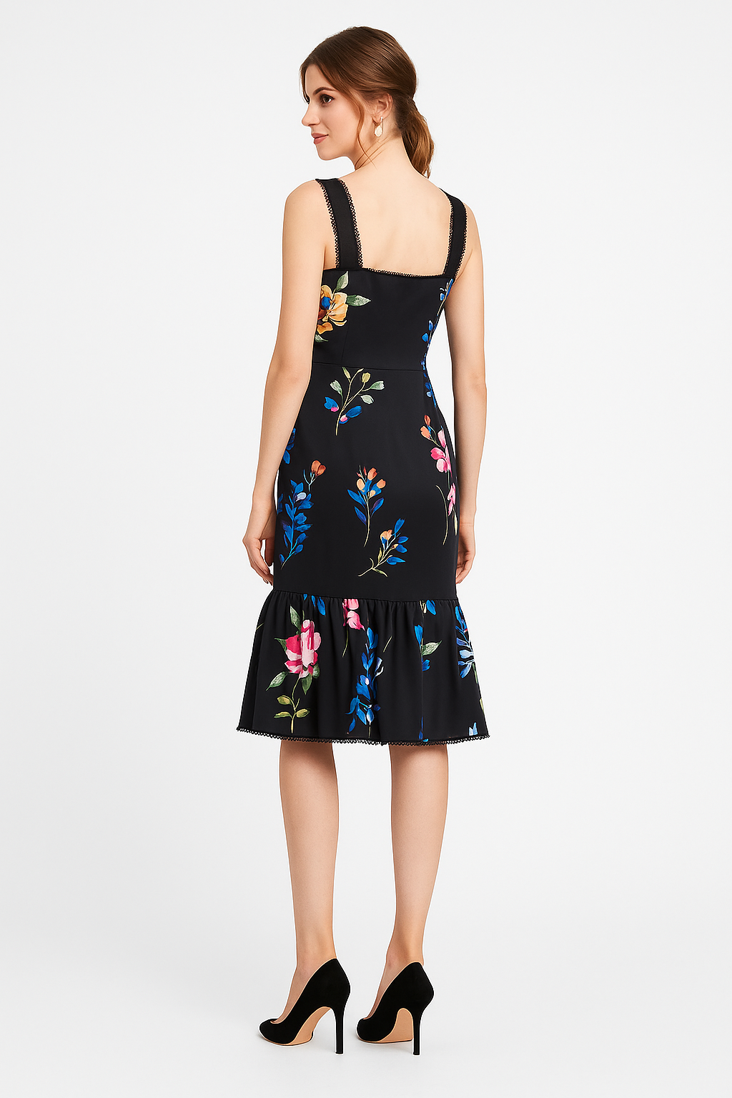 Floral Square Neck Strappy Frill Hem Midi Dress