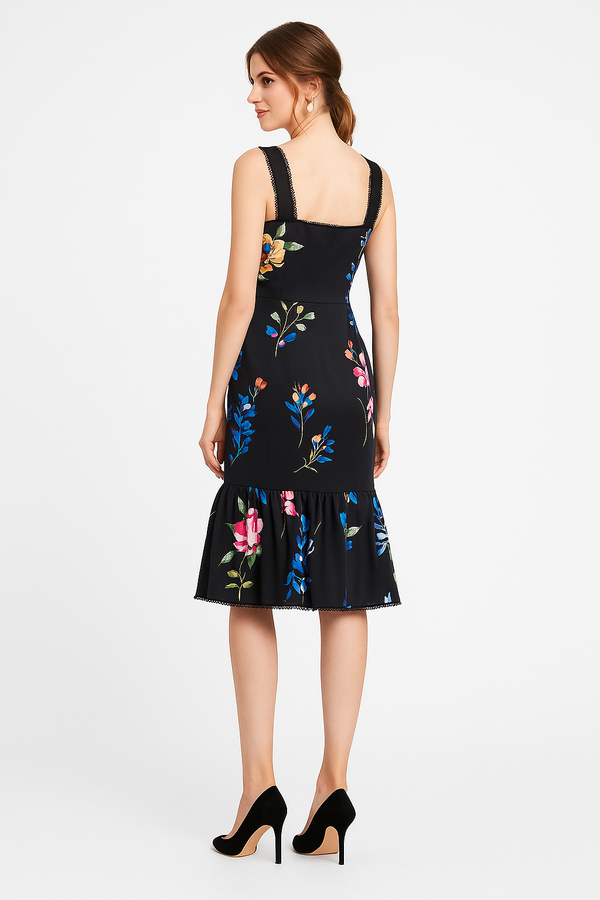 Floral Square Neck Strappy Frill Hem Midi Dress