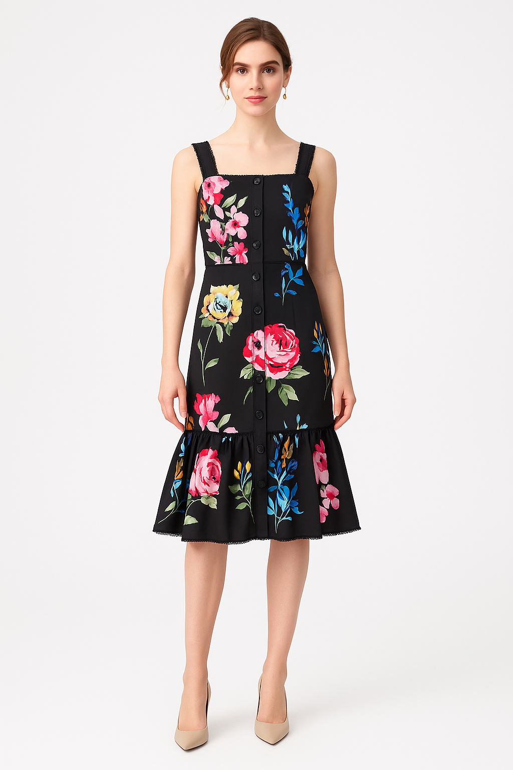 Floral Square Neck Strappy Frill Hem Midi Dress