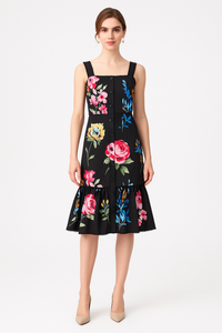 Floral Square Neck Strappy Frill Hem Midi Dress