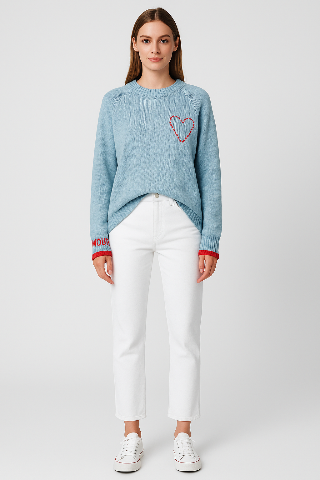 Asymmetrical Knit Sweater with Heart and Script Embroidery – 100% Cashmere