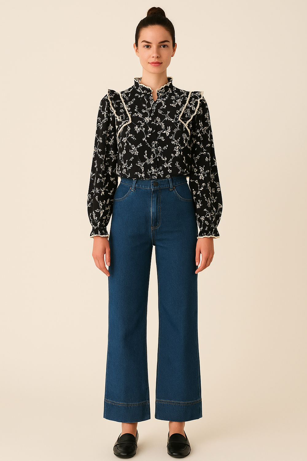 High Neck Floral Blouse – Ruffled, Scalloped Embroidery