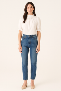Ruffled High-Neck White Cotton Blouse with Embroidered Sleeves