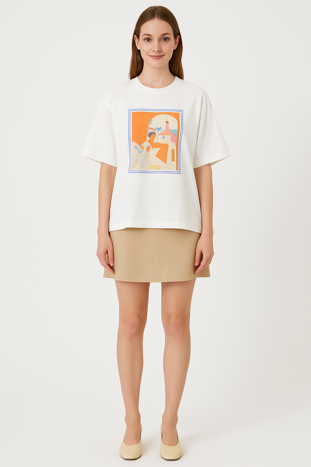 Rolled Up Short Sleeve Oversized White Cotton T-Shirt in Graphic Design