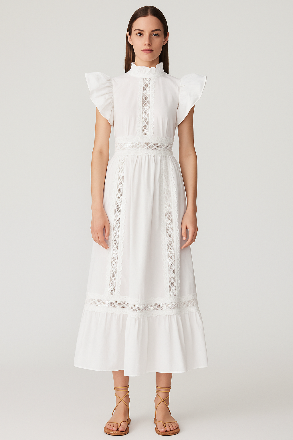 Vintage Ruffled High-neck Crochet Trimmed Maxi Dress in White