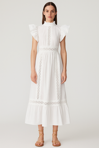 Vintage Ruffled High-neck Crochet Trimmed Maxi Dress in White