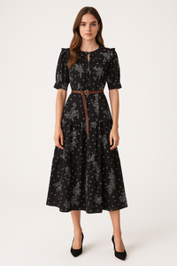 Ruffled Shoulder Black Wild Daisy Print Silk Dress