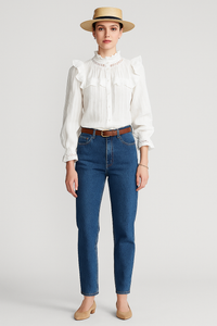 Retro High Neck Long Sleeve Ruffle Cotton Blouse in White