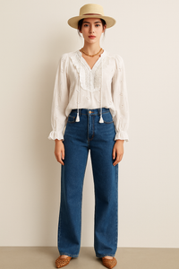 Crochet Lace Trim Embroidered Eyelet Pure Cotton White Blouse