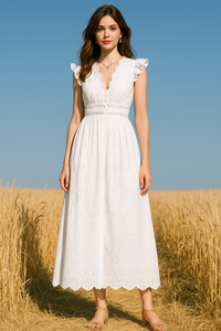 Ruffle Trim Eyelet Embroidered Cotton Dress in White