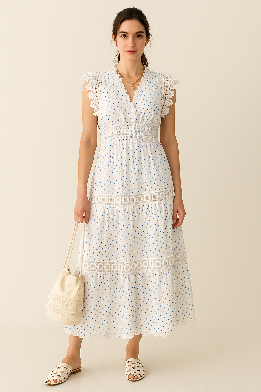 Pom Pom Trimmed V-neck Empire Waist Cotton Dress