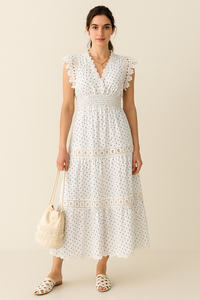 Pom Pom Trimmed V-neck Empire Waist Cotton Dress