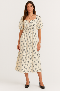 Retro Square Neck Shirred Waist Rose Print Midi Dress in Beige