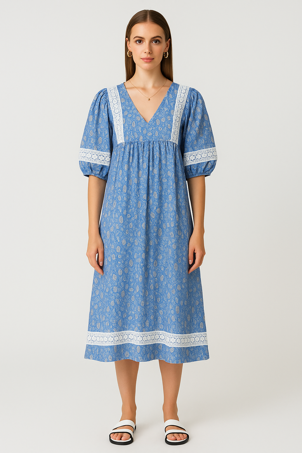 Boho V-neck Puff Sleeve Paisley Print Empire-Waist Cotton Dress