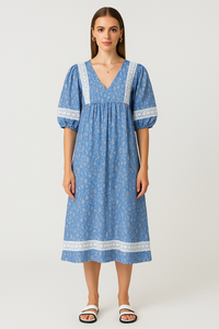 Boho V-neck Puff Sleeve Paisley Print Empire-Waist Cotton Dress