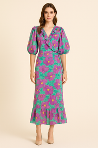 Puffy Sleeve Ruffled V-neck Floral Print Wrap Dress