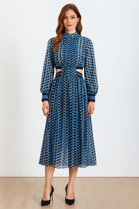 Flowy Chiffon High Neck Cut-out Waist Pleated Dress