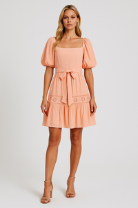 Square Neck Puffy Sleeve Lace Trimmed Belted Dress in Coral