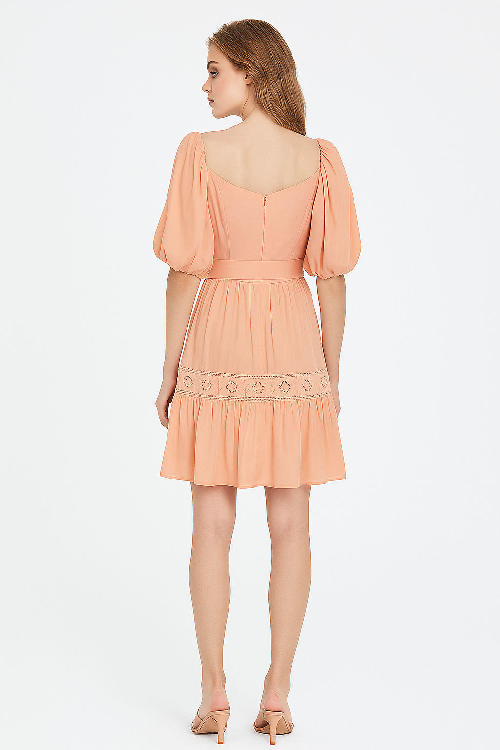 Square Neck Puffy Sleeve Lace Trimmed Belted Dress in Coral